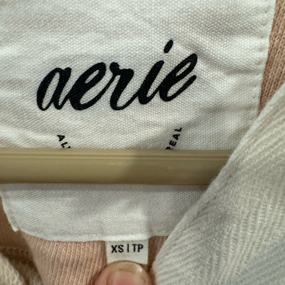 NWOT Aerie Prep Rally Rugby Sweatshirt, Heather Tan & Pink - Picture 4 of 6